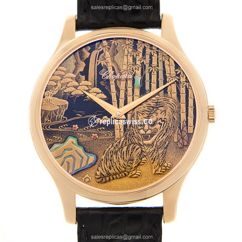 Chopard L.U.C 161902-5048 - Automatic 18kt Rose Gold - Gold Dial - Buckle Clasp - Black Alligator Strap - Luxury Replica L.U.C Watch